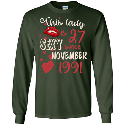 This Lady Is 27 Sexy Since November 1991 27th Birthday Shirt For November Womens Forest Green