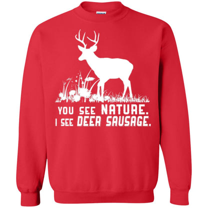 Funny Hunting T-shirt You See Nature I See Deer Sausage Red
