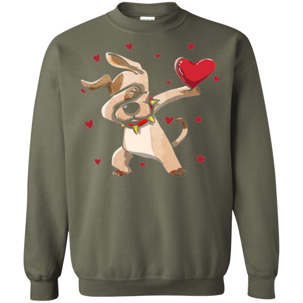 Funny Dabbing Dog Valentine_s Day T-shirt Military Green