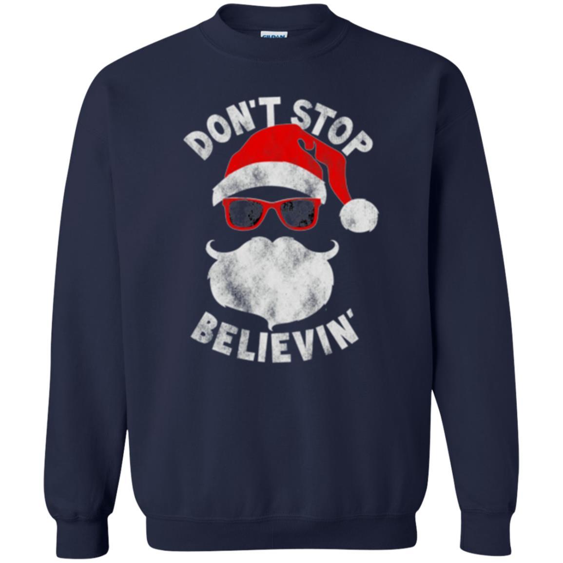 Christmas T-shirt Don't Stop Believing Cool Shades Santa Navy