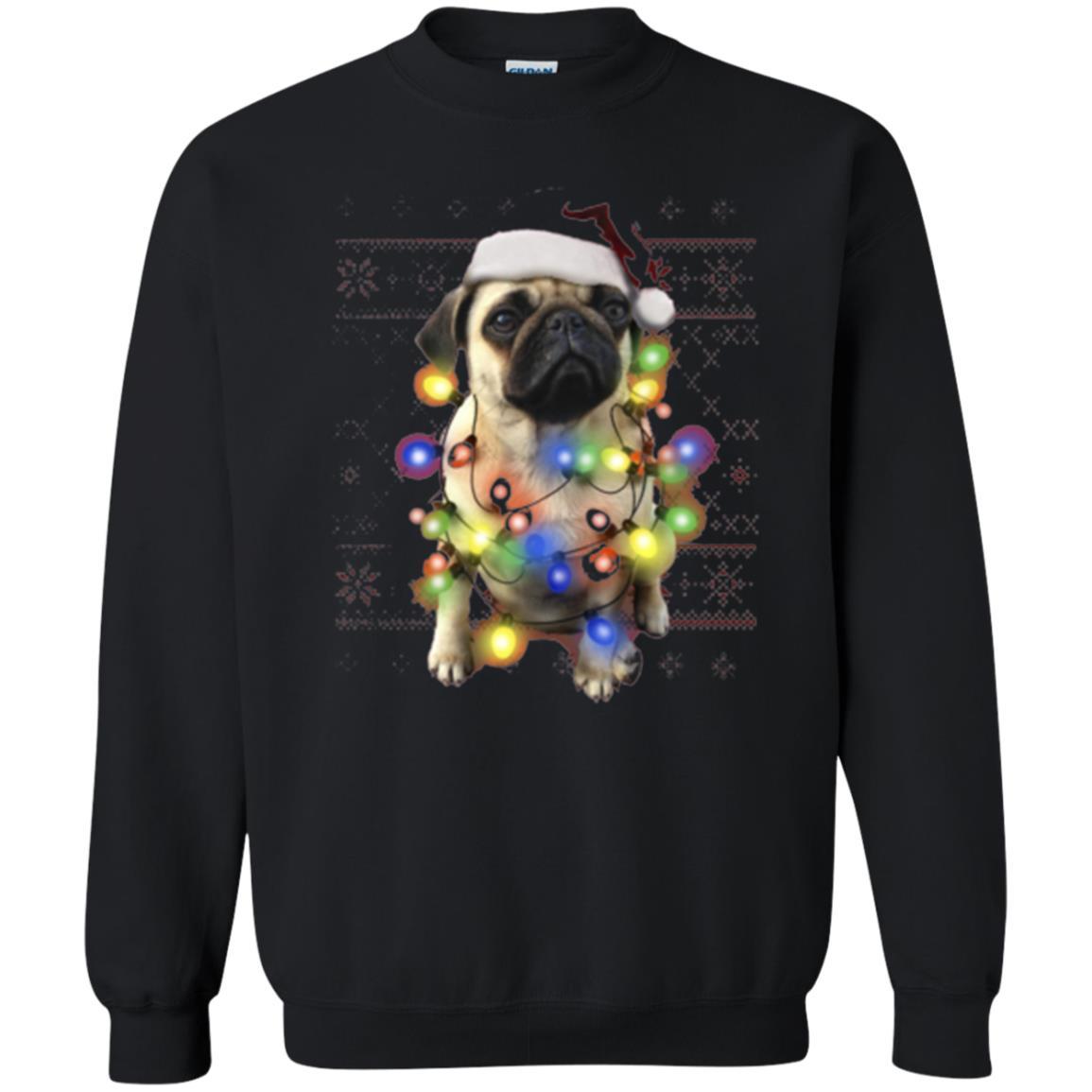 Dog Lover T-shirt Ugly Sweater Photoreal Christmas Lights Pug Graphic Black