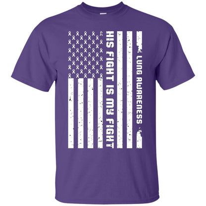 Lung Awareness His Fight Is My Fight Clear Ribbon Stars Flag Of Usa Shirt Purple