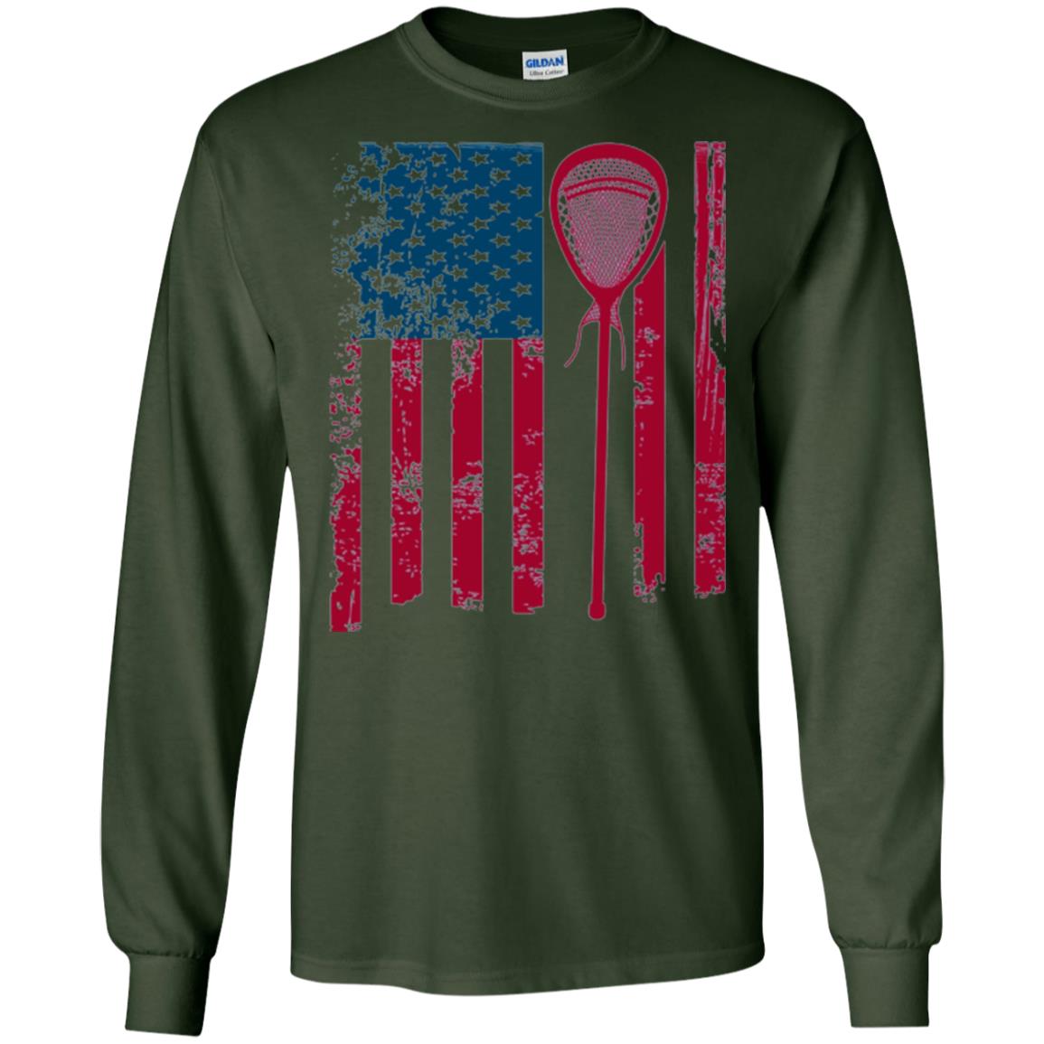 Lacrosse Player T-shirt Lacrosse American Flag Stick Forest Green