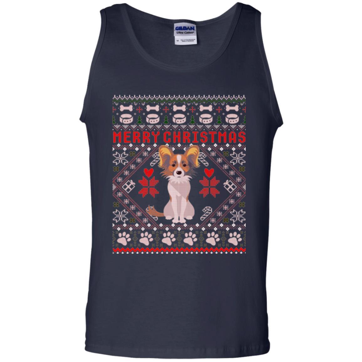 Dog Lover T-shirt Papillon Dog Merry Christmas Navy