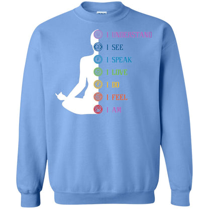 Chakra Meditation Yoga T-shirt I Speak I Love I Do I Feel I Am Carolina Blue