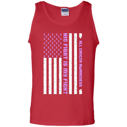 All Cancer Awareness His Fight Is My Fight Lavender Ribbon Stars Flag Of Usa Shirt Red