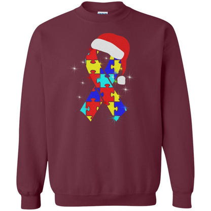 Autism Puzzle Ribbon Santa Hat X-mas Gift Shirt Maroon