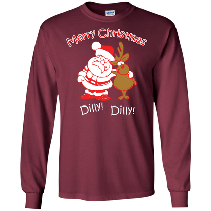 Christmas T-Shirt Merry Christmas Santa And Reindeer Dilly! Dilly! Maroon