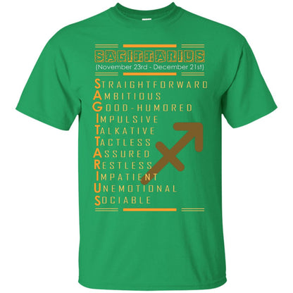 Sagittarius Birthday Shirt Straightforward Ambitious Good Humored Impulsive Talkative Irish Green