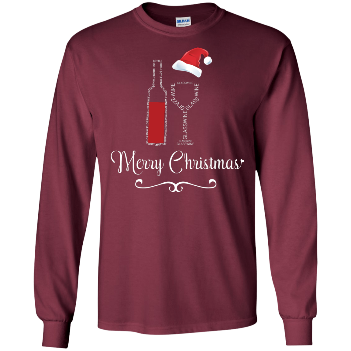 Christmas T-shirt Merry Christmas With Wine Botle And Glass Wine Maroon