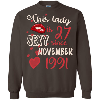 This Lady Is 27 Sexy Since November 1991 27th Birthday Shirt For November Womens Dark Chocolate