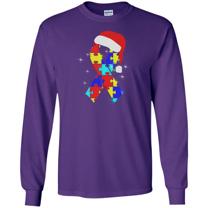Autism Puzzle Ribbon Santa Hat X-mas Gift Shirt Purple