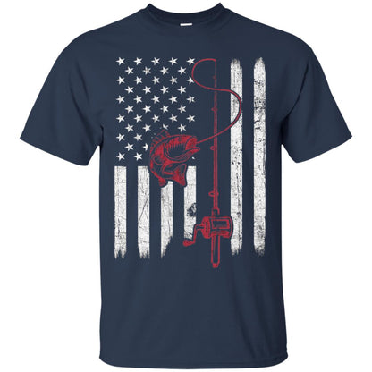 Vintage Fishing With American Flag Bass Fisherman T-shirt Navy