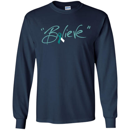Cervical Cancer Awareness Shirt Teal White Ribbon Believe Navy