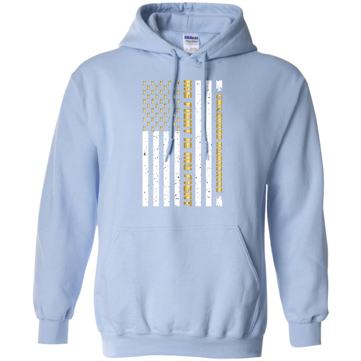 Childhood Awareness His Fight Is My Fight Gold Ribbon Stars Flag Of Usa Shirt Light Blue