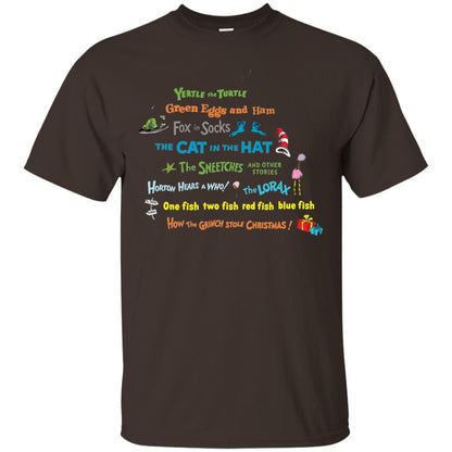 Read Across America Day T-shirt Dr. Seuss Book Title T-shirt Dark Chocolate