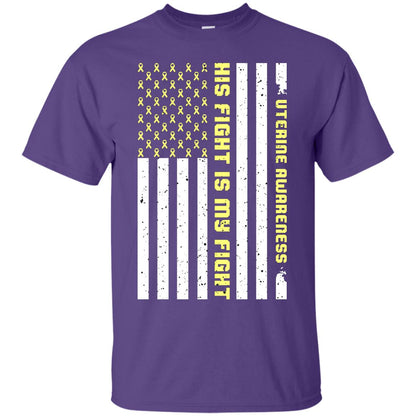 Uterine Awareness His Fight Is My Fight Peach Ribbon Stars Flag Of Usa Shirt Purple