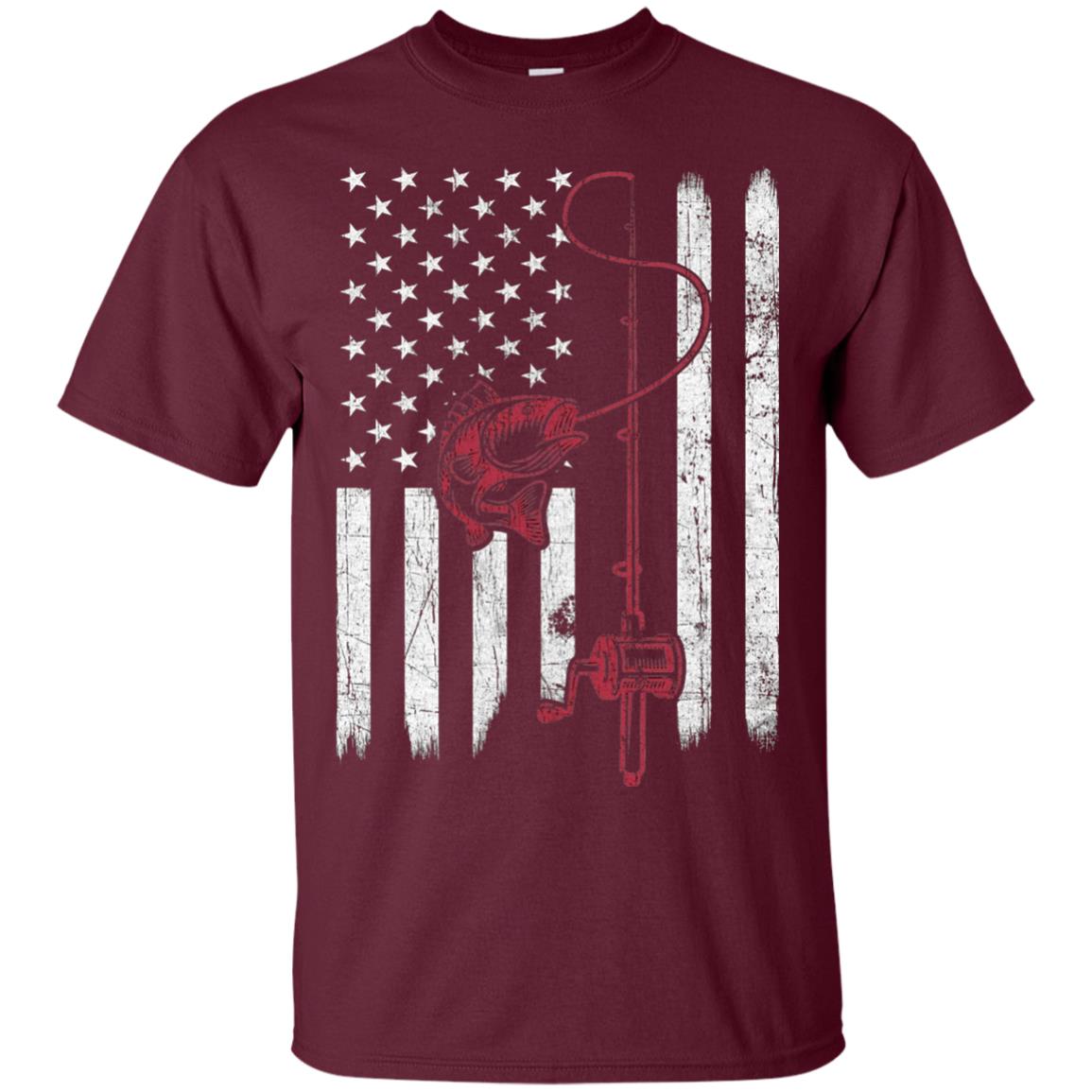 Vintage Fishing With American Flag Bass Fisherman T-shirt Maroon