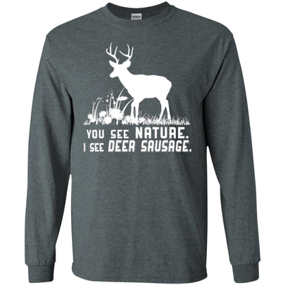 Funny Hunting T-shirt You See Nature I See Deer Sausage Dark Heather