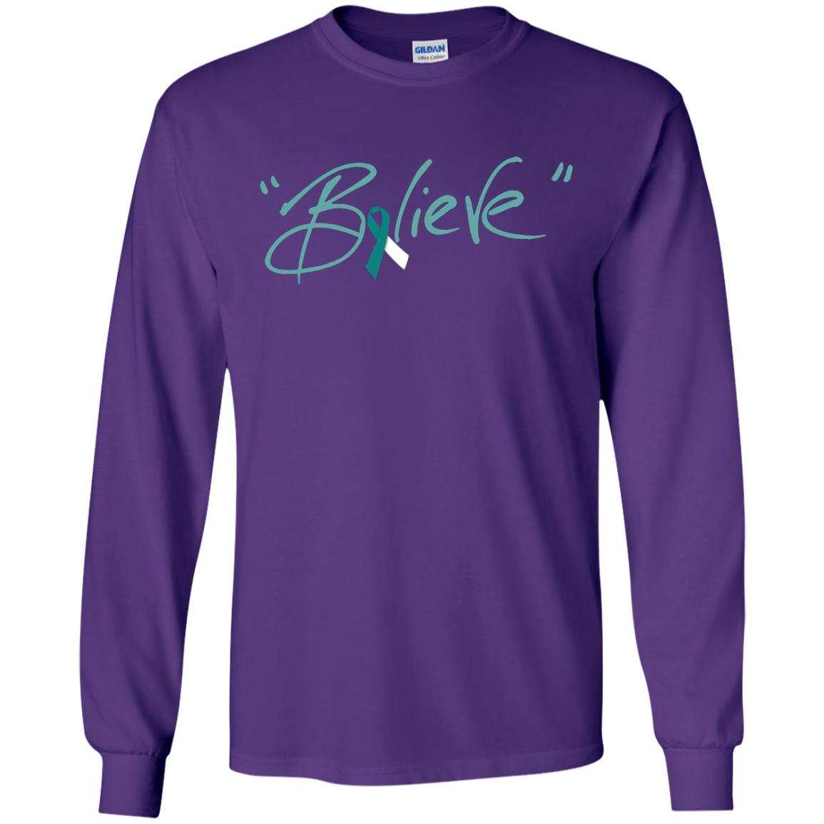 Cervical Cancer Awareness Shirt Teal White Ribbon Believe Purple
