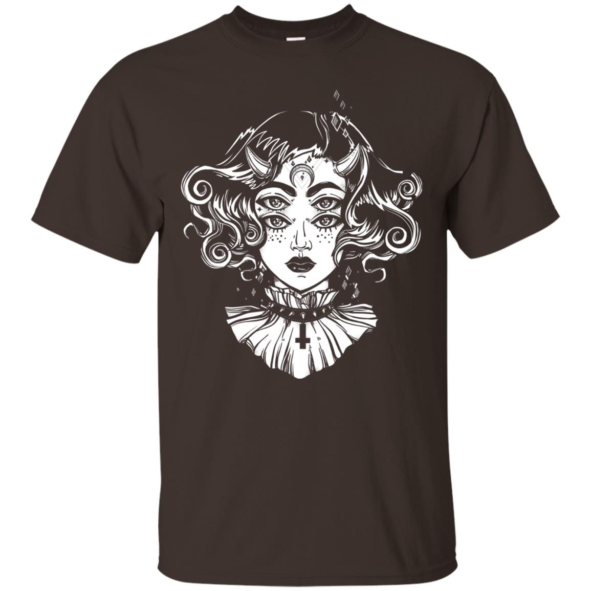 Horned Devil Girl Tshirt Satanic Halloween Glitch Goth Dark Chocolate
