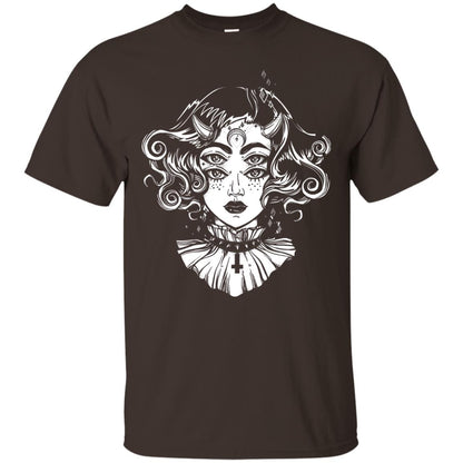 Horned Devil Girl Tshirt Satanic Halloween Glitch Goth Dark Chocolate