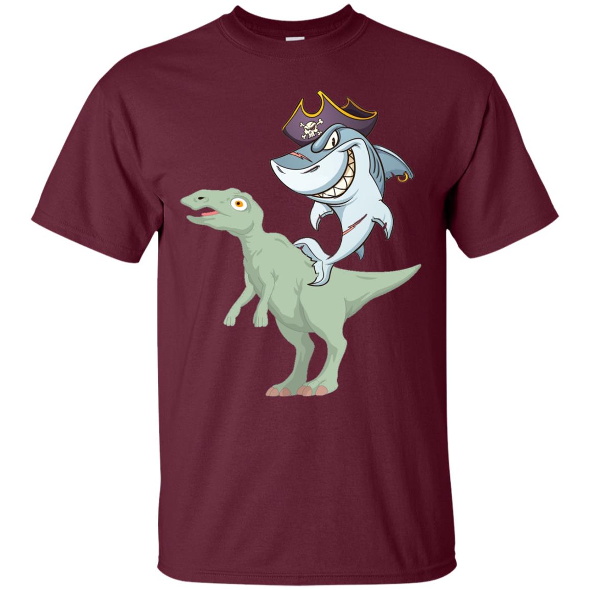 Shark Pirate Riding A T-rex Dinosaur Funny Gift Shirt Maroon