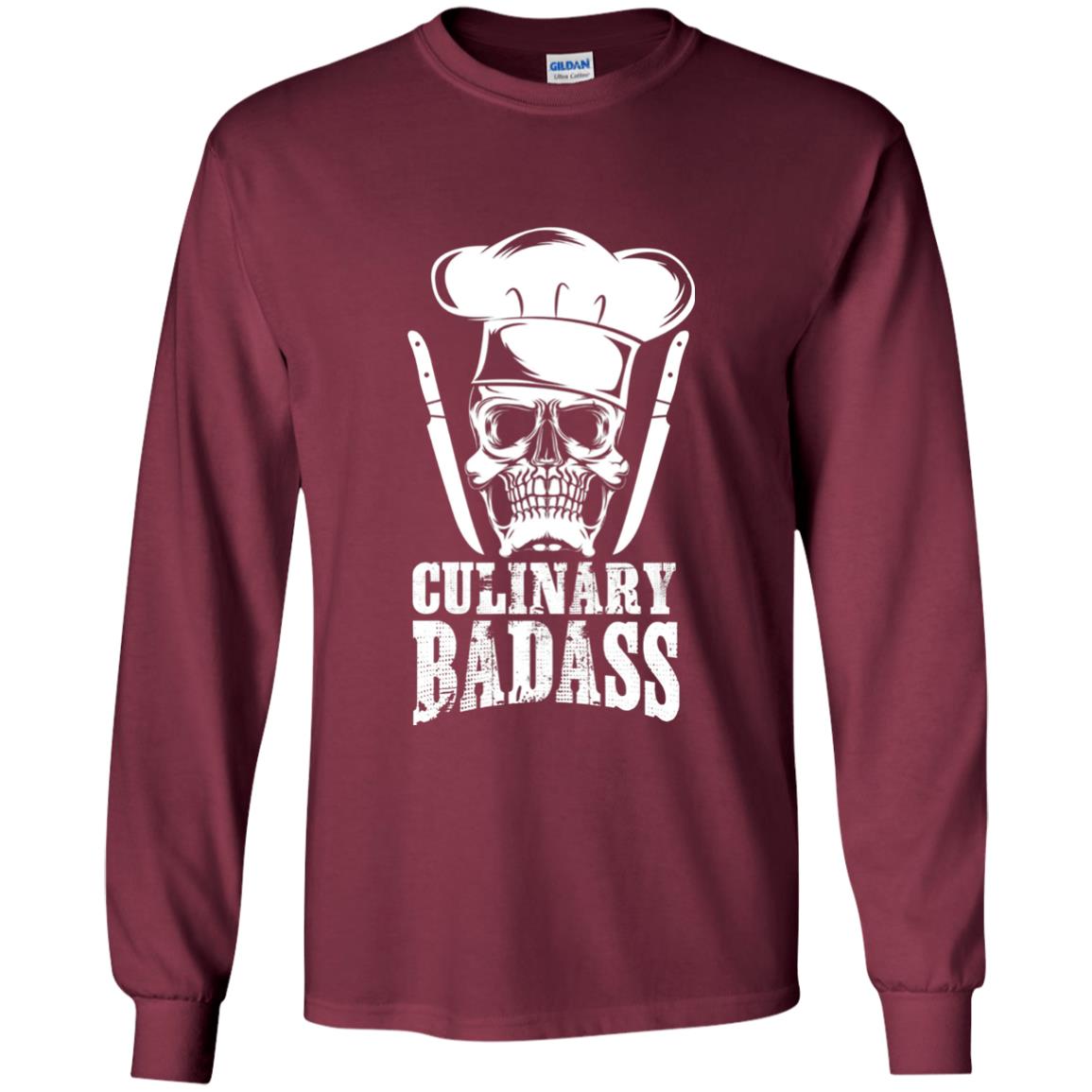 Culinary Badass Funny Chef Skull Knifes Cooking Tshirt Maroon