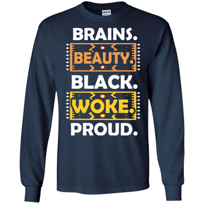 Brains Beauty Black Woke Proud African American T-shirt Navy