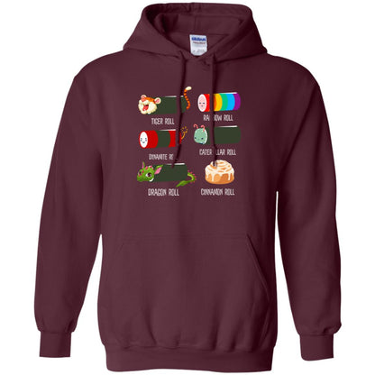 Tiger Roll Rainbow Roll Dynamite Roll Caterpillar Roll Dargon Roll Cinnamom Roll Shirt Maroon