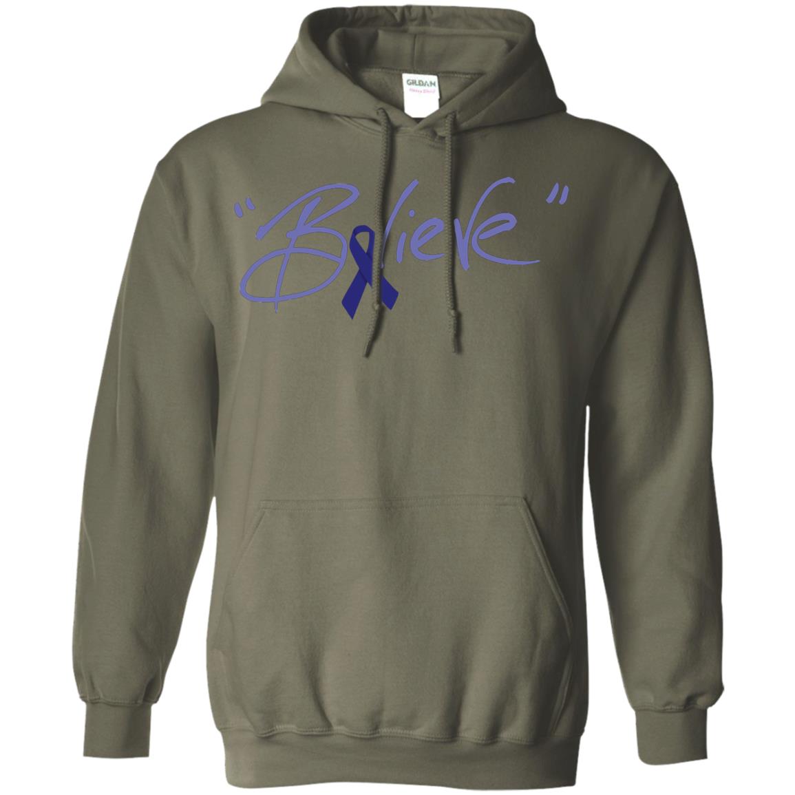 Colon Cancer Awareness Shirt Dark Blue Ribbon Believe Military Green
