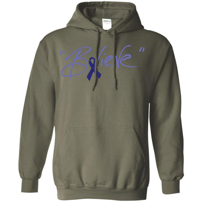 Colon Cancer Awareness Shirt Dark Blue Ribbon Believe Military Green