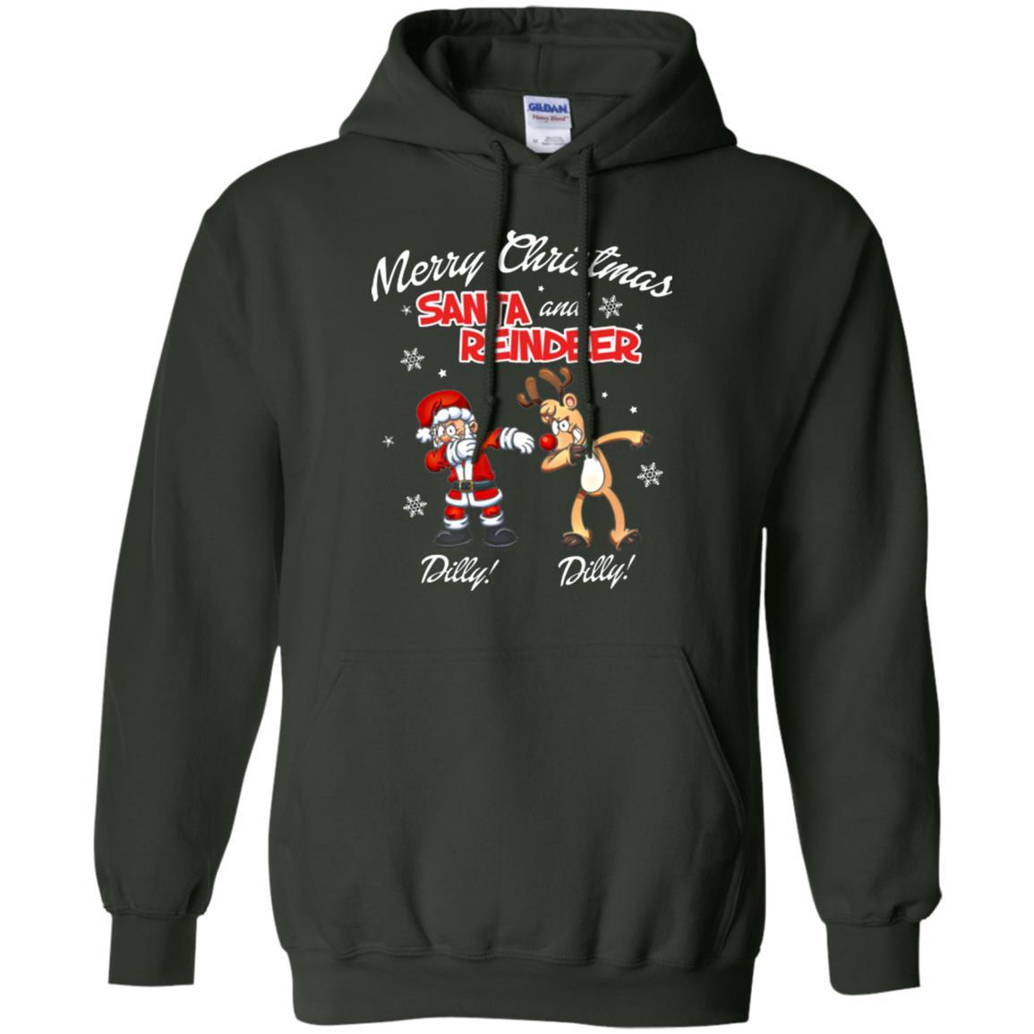 Christmas T-shirt Merry Christmas Santa And Reindeer Dilly Dilly Forest Green
