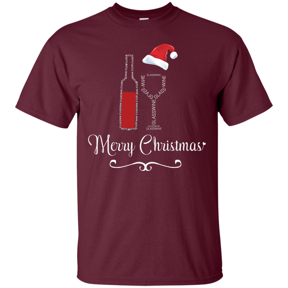 Christmas T-shirt Merry Christmas With Wine Botle And Glass Wine Maroon