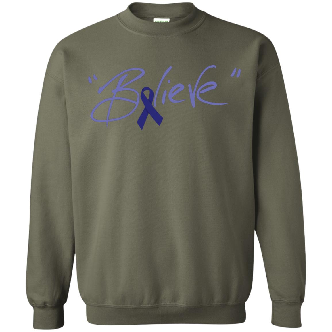 Colon Cancer Awareness Shirt Dark Blue Ribbon Believe Military Green