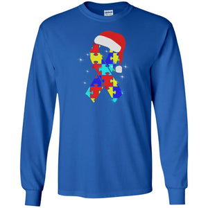 Autism Puzzle Ribbon Santa Hat X-mas Gift ShirtG240 Gildan LS Ultra Cotton T-Shirt