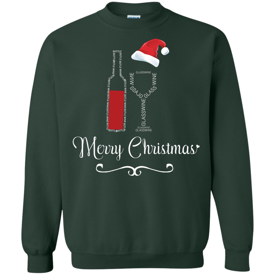 Christmas T-shirt Merry Christmas With Wine Botle And Glass Wine Forest Green