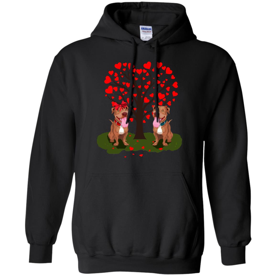 Valentine Pitbull Couple Heart Tree Shirt Black