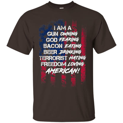 Military T-shirt I Am A Gun Owning God Fearing Bacon Eating Dark Chocolate
