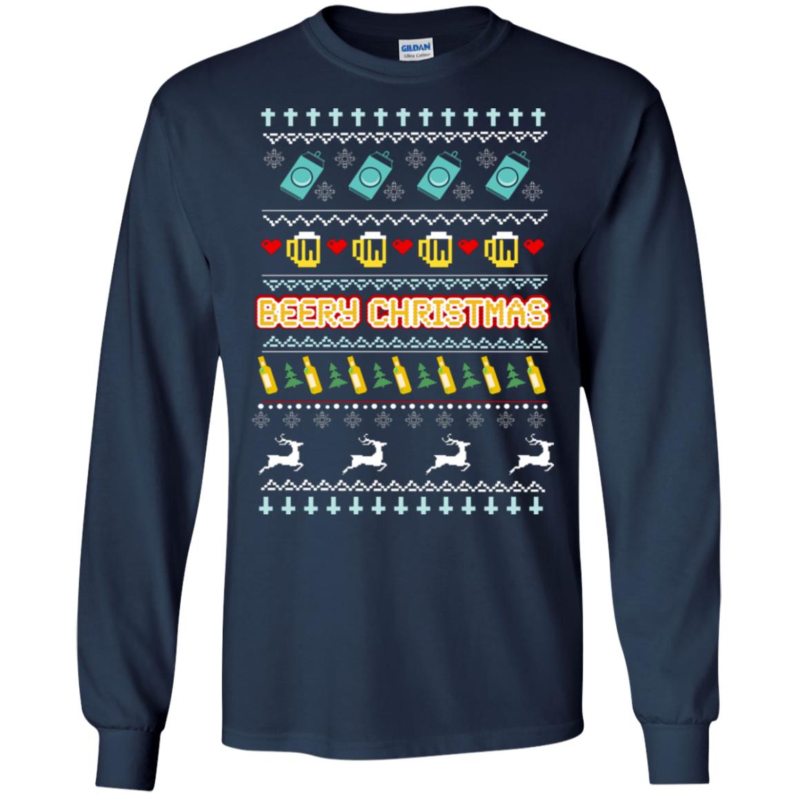 Beery Christmas Merry X-mas Beer Drinking Lovers Gift Shirt Navy
