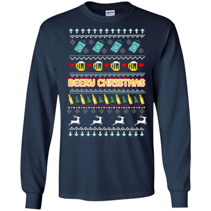 Beery Christmas Merry X-mas Beer Drinking Lovers Gift Shirt Navy