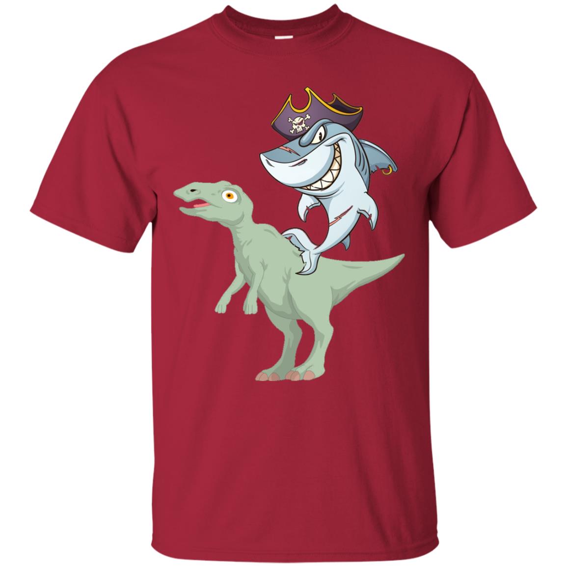 Shark Pirate Riding A T-rex Dinosaur Funny Gift Shirt Cardinal