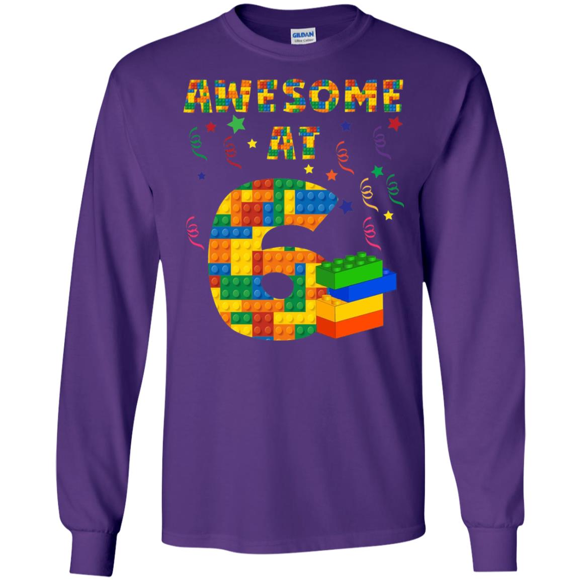 Awesome At 6 Age 6 Six Blocks Bricks Theme Shirt Purple