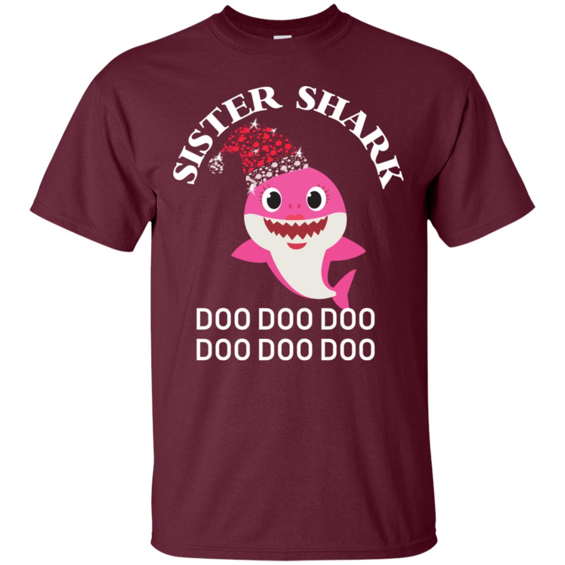 Sister Shark With Santa Claus Hat Merry X-mas Family Shark Gift Shirt Maroon