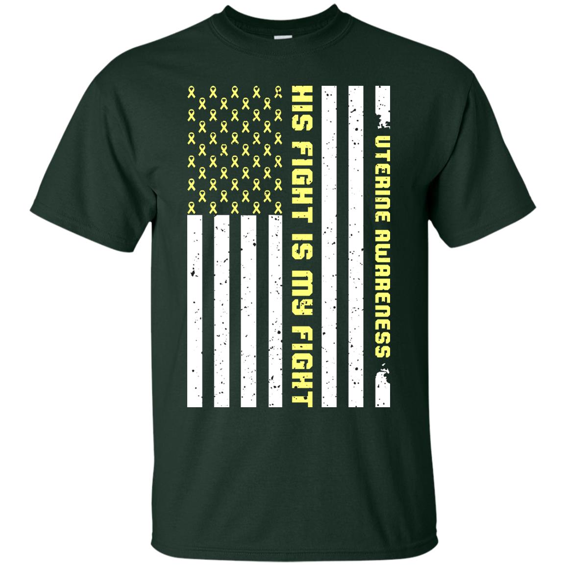 Uterine Awareness His Fight Is My Fight Peach Ribbon Stars Flag Of Usa Shirt Forest