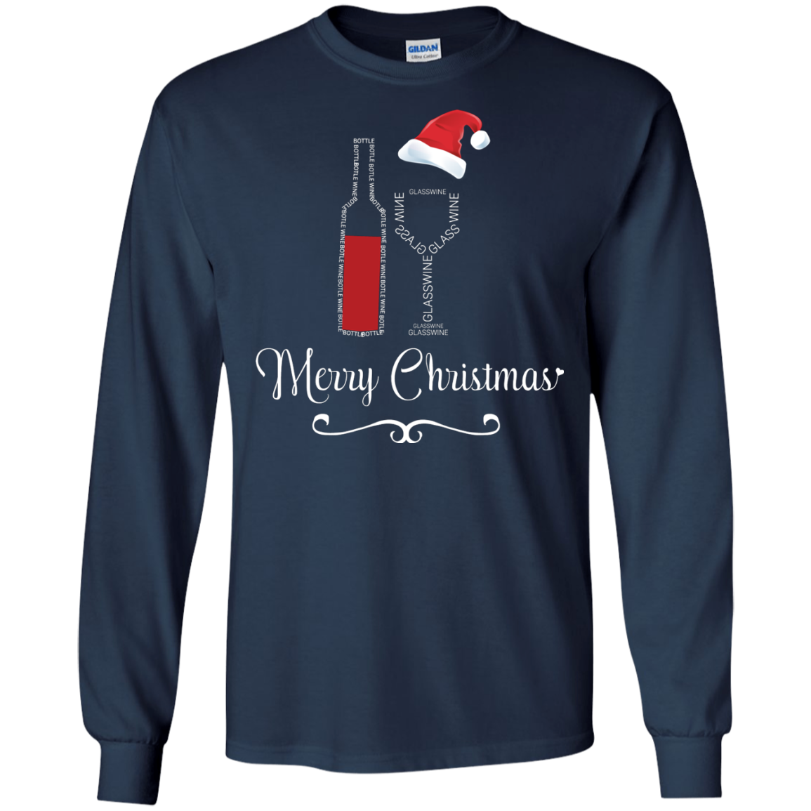 Christmas T-shirt Merry Christmas With Wine Botle And Glass Wine Navy