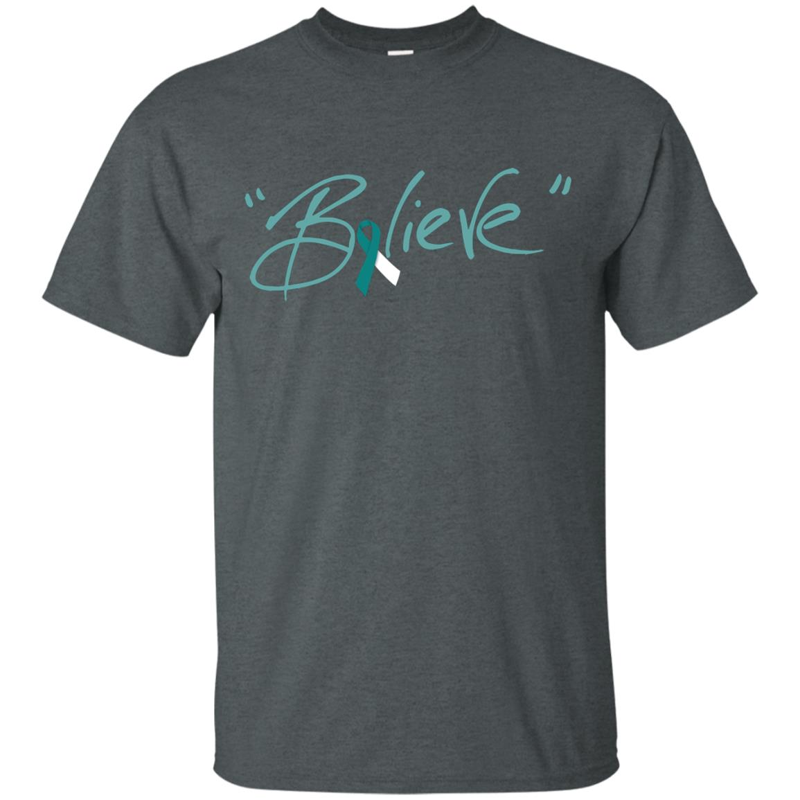 Cervical Cancer Awareness Shirt Teal White Ribbon Believe Dark Heather