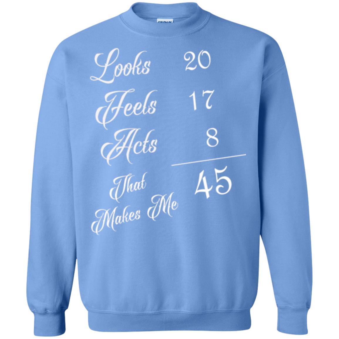 45th Birthday T-shirt Looks 20 Feels 17 Acts 8 Carolina Blue