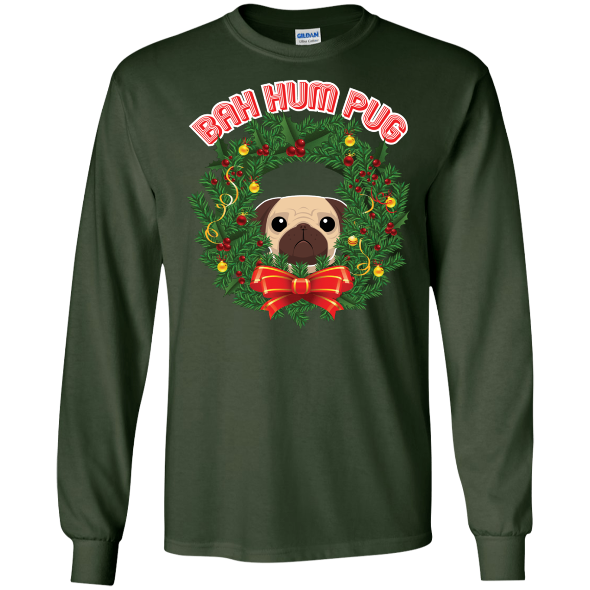 Christmas T-Shirt Bah Hum Pug Forest Green