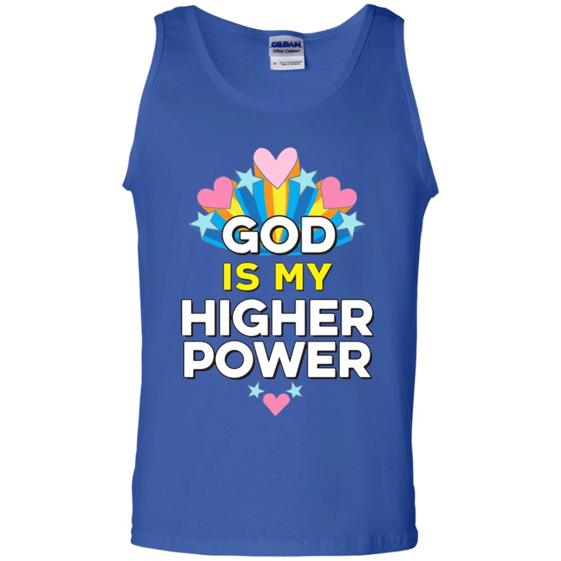 Funny Christian T-shirt God Is My Higher Power Hearts Stars Royal
